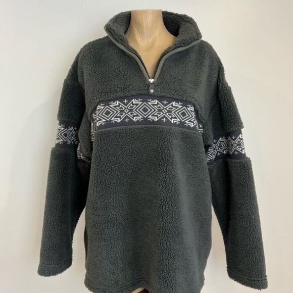 VTG Aviva Women’s Large Green Fleece Lined Nordic Fair Isle Pullover Zip Sweater - Picture 4 of 11
